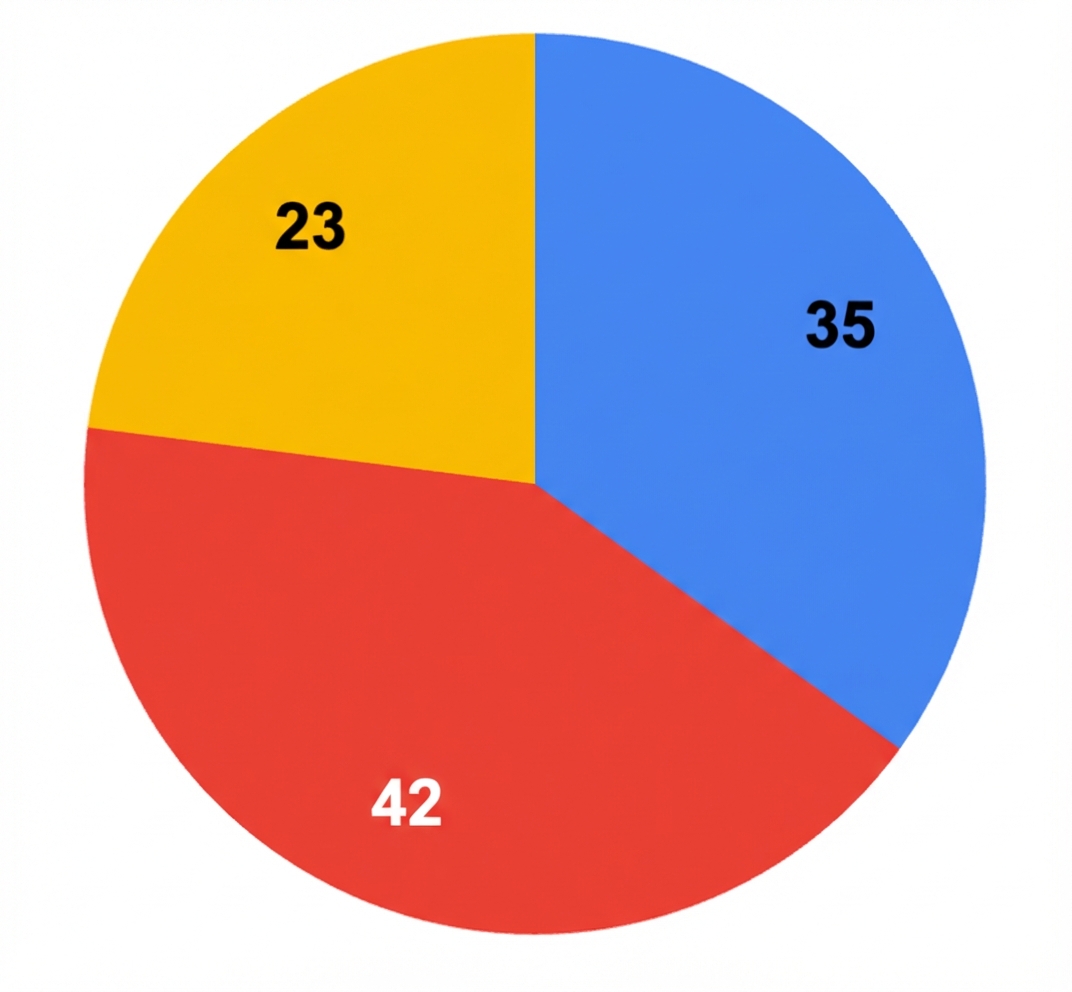 Un gráfico circular que muestra 3 colores primarios con números superpuestos