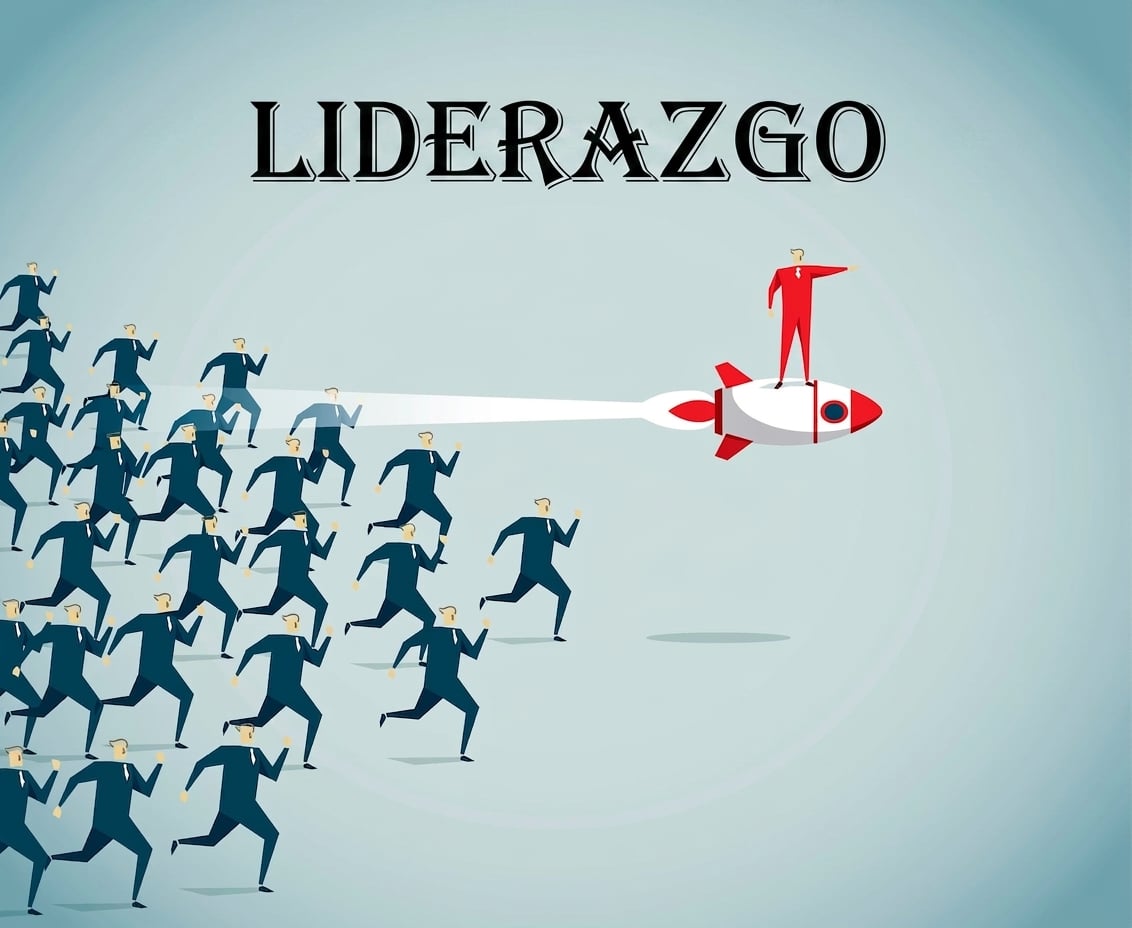 Hombre sobre un cohete dirigiendo a una multitud de seguidores