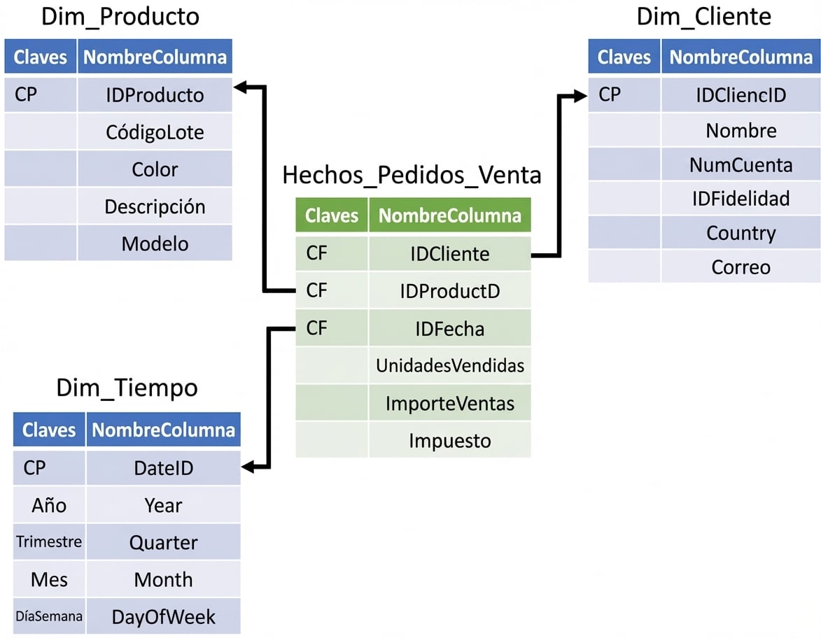 Imagen de una tabla central de pedidos de venta rodeada por tablas de dimensión de producto, cliente y tiempo