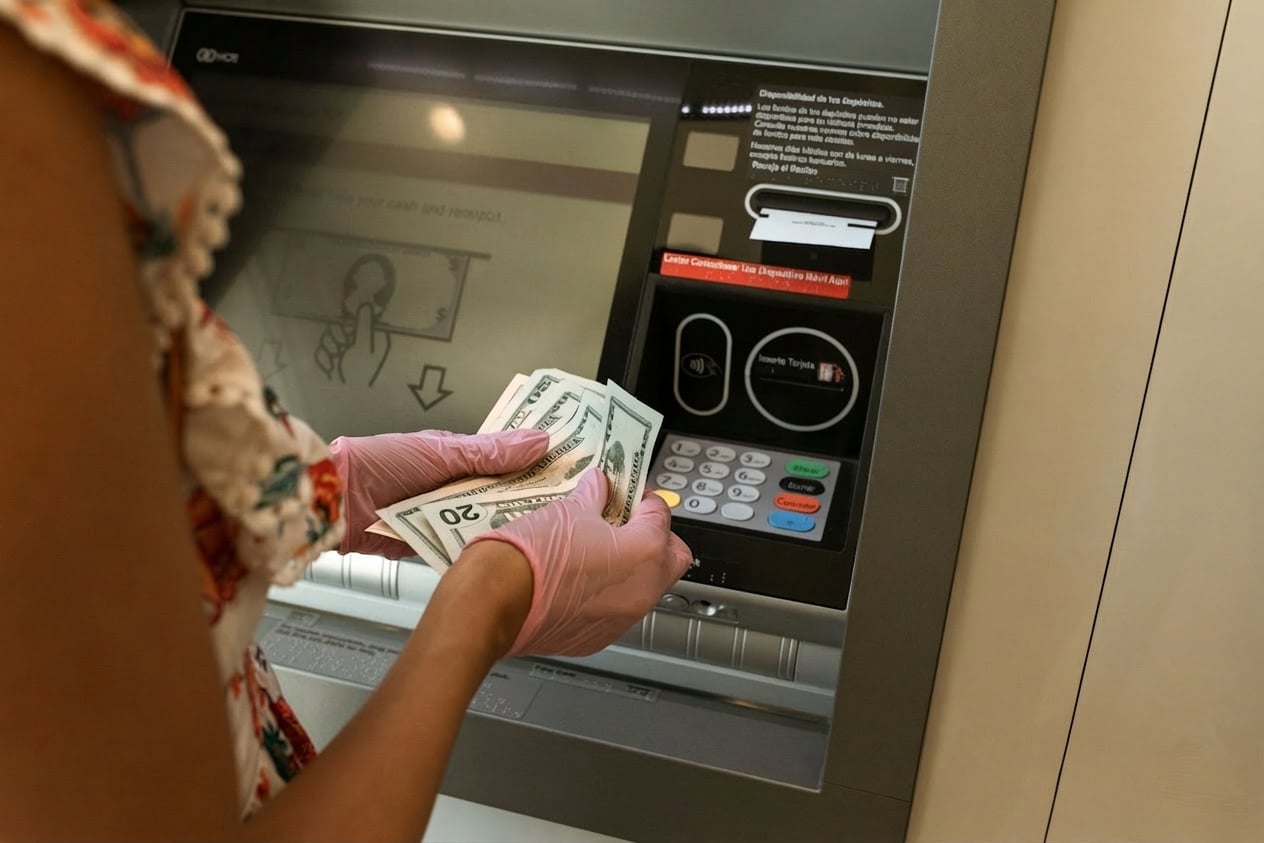 Retrato de una persona recibiendo dinero de un cajero automático