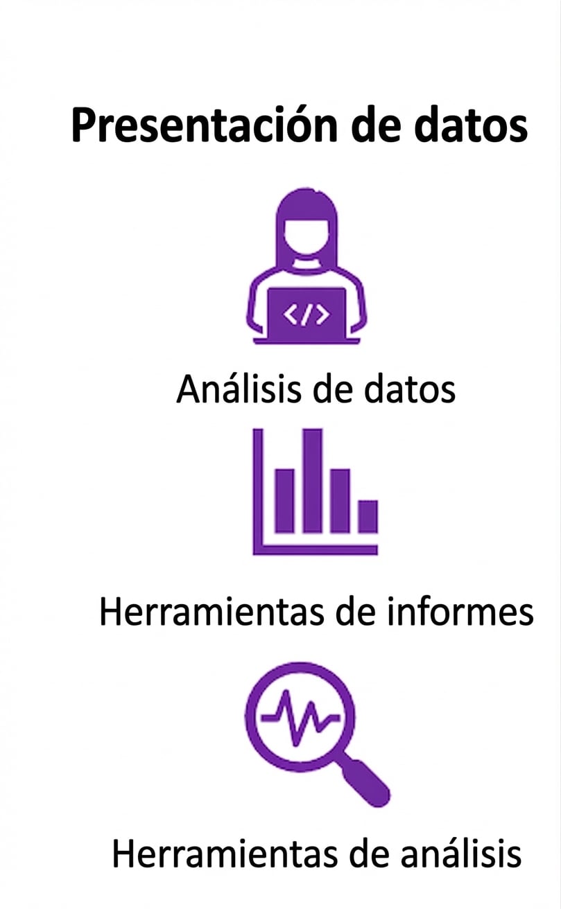 Imagen de un ícono de persona con un ordenador, un ícono de informe y un ícono de lupa