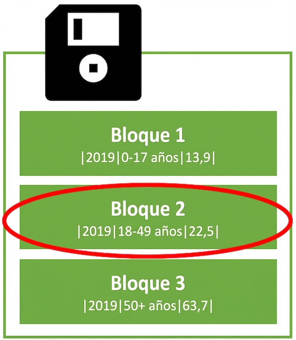 Imagen simbólica de un disco duro con varios bloques de almacenamiento con una fila guardada en cada bloque