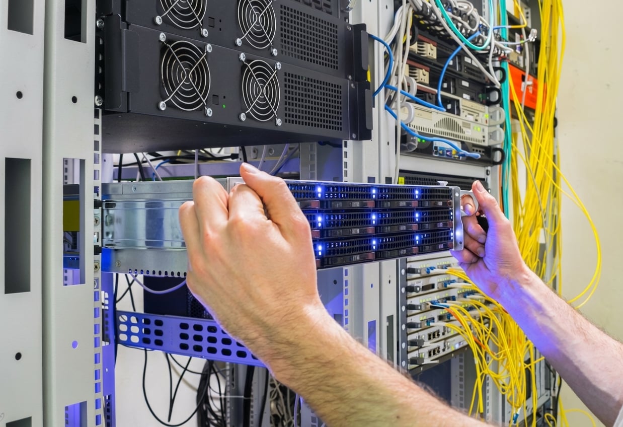 Instalación de un nuevo servidor en un rack con equipos informáticos.