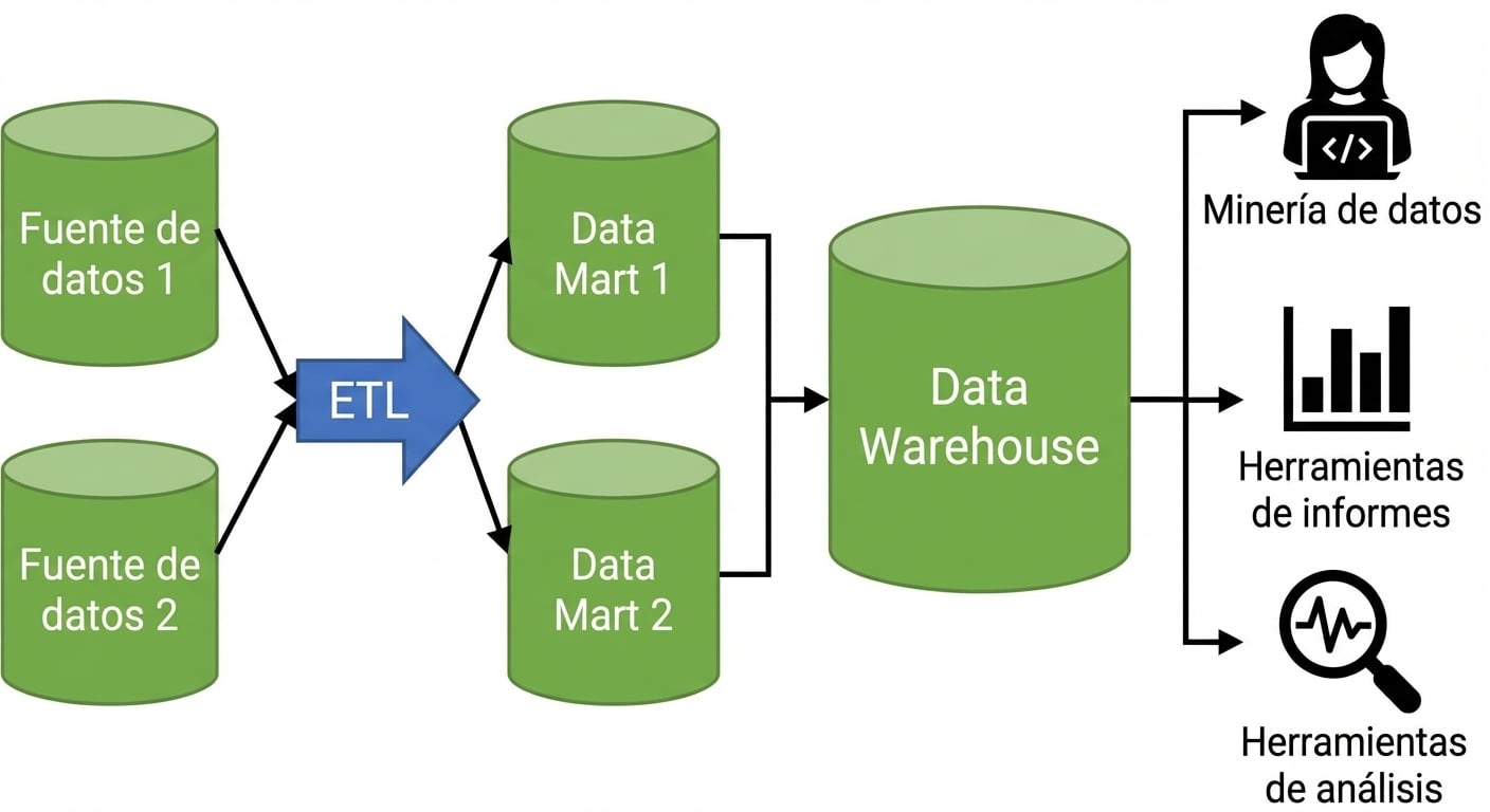Imagen de dos iconos de base de datos con flechas hacia una flecha llamada ETL y flechas hacia dos iconos de data mart con flechas hacia un icono de data warehouse con flechas hacia un icono de persona en un ordenador, un icono de informes y un icono de lupa