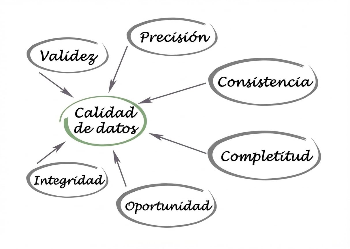 Un diagrama con calidad de datos en el centro y validez, precisión, consistencia, completitud, puntualidad e integridad apuntando al centro