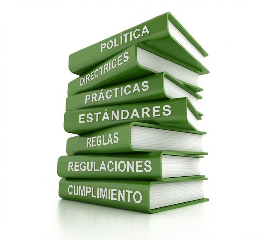 Pila de libros verdes, incluidos "policy" y "standards"