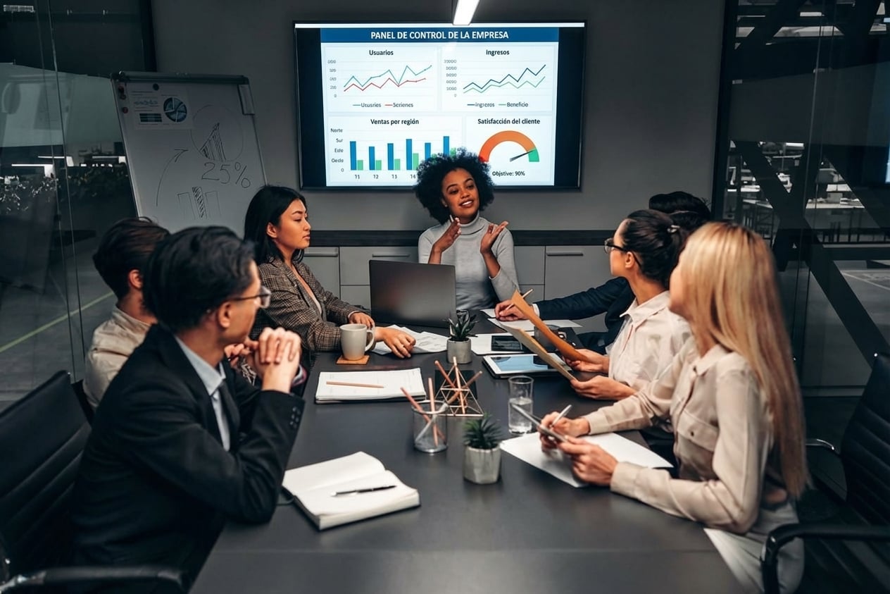 Una mujer dirigiendo una reunión de equipo