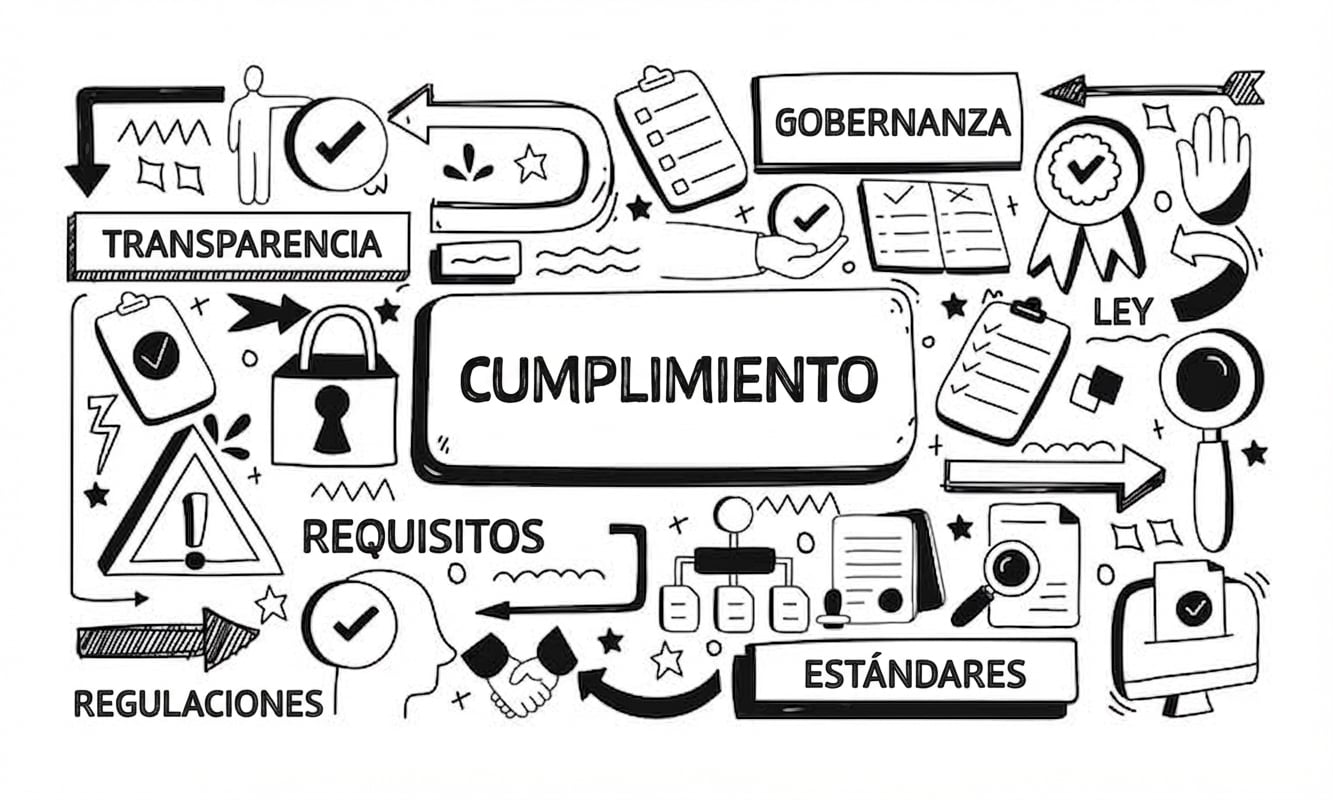 Una imagen con la palabra cumplimiento rodeada de objetos y palabras como governance, requirements y regulations