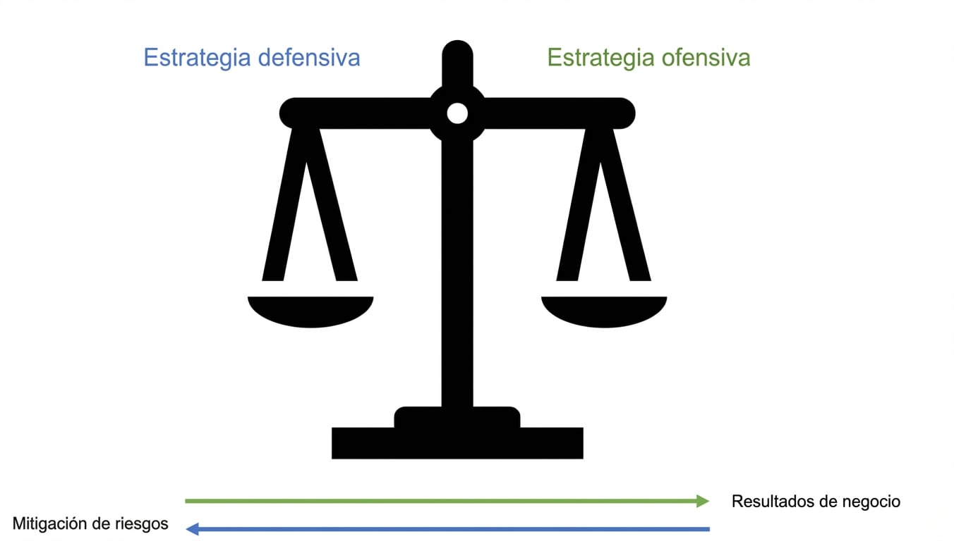 Diagrama que muestra estrategia defensiva y ofensiva con balance en el centro