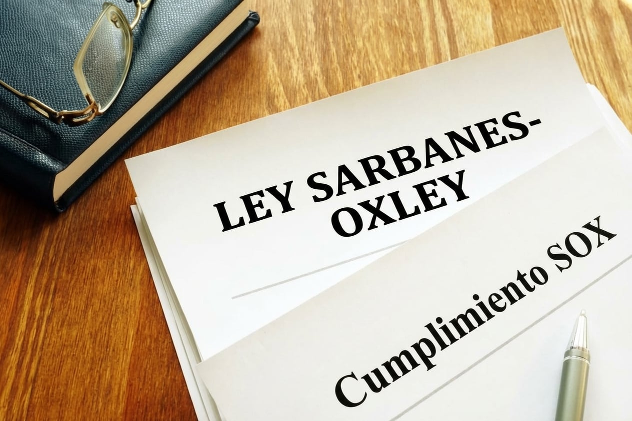 Una foto de documentación con Sarbanes-Oxley Act y SOX Compliance en la parte superior