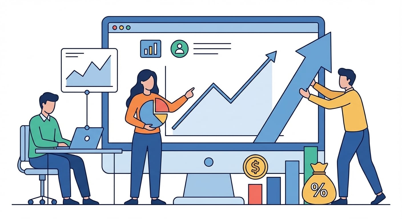 Imagen de un equipo de negocio mirando datos y viendo aumentar el rendimiento financiero