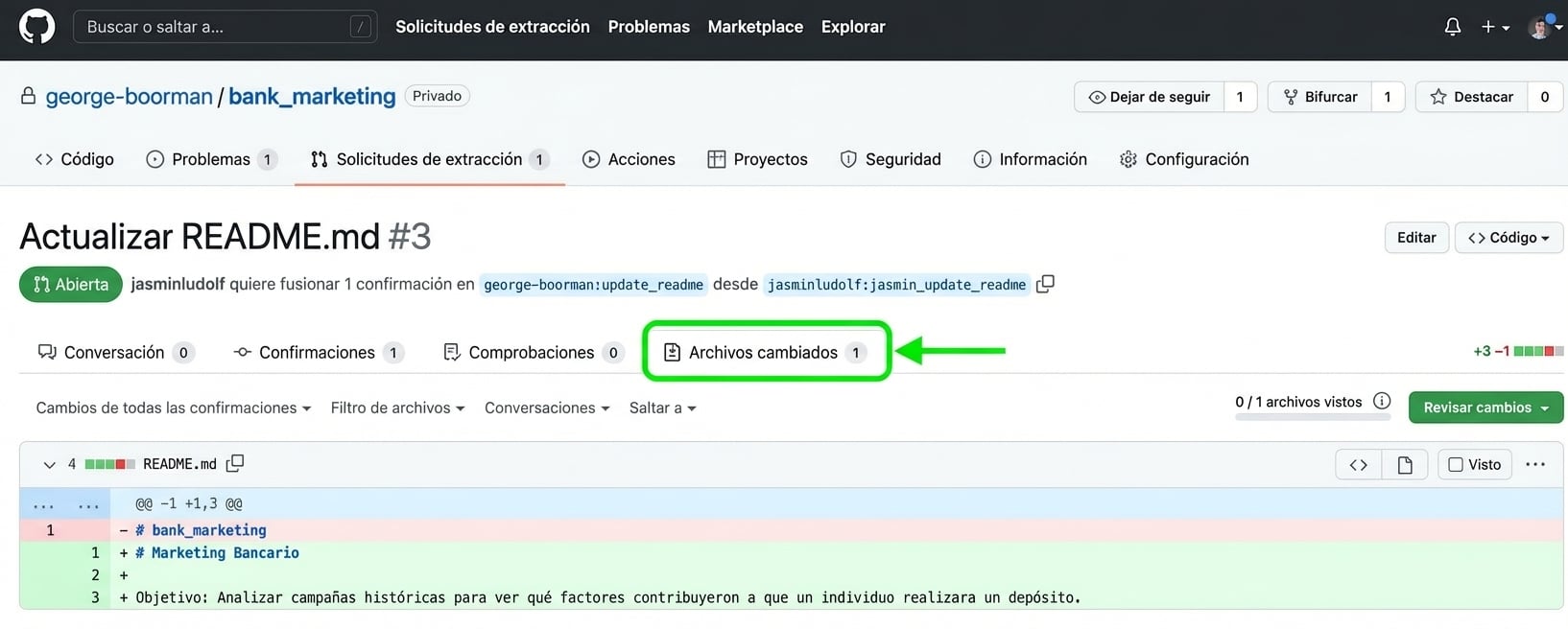 Vista del propietario de la pestaña Files changed en un PR