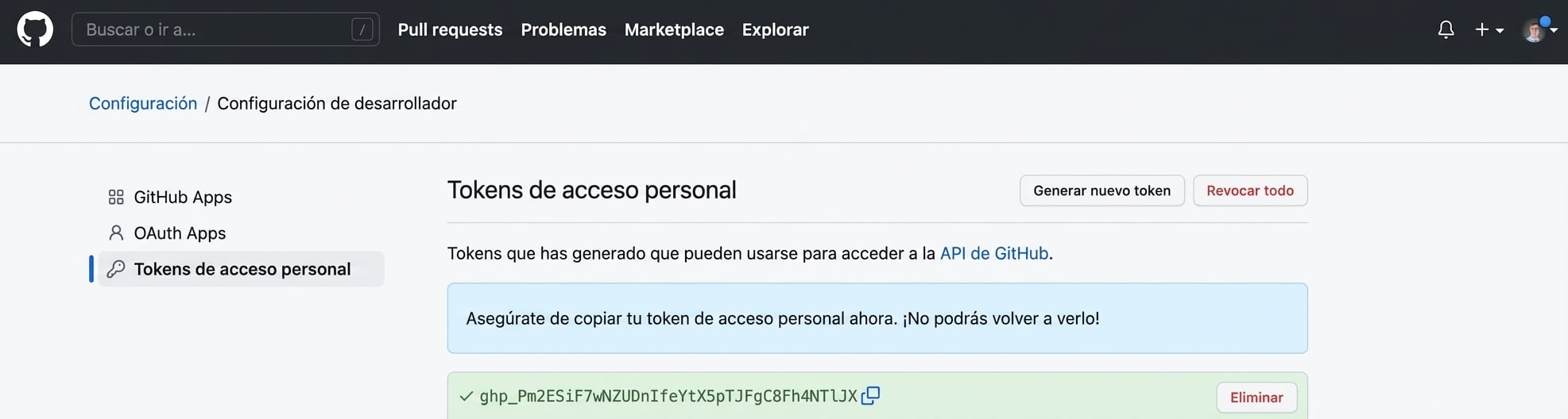 PAT mostrado como una mezcla de letras y números, que podemos copiar