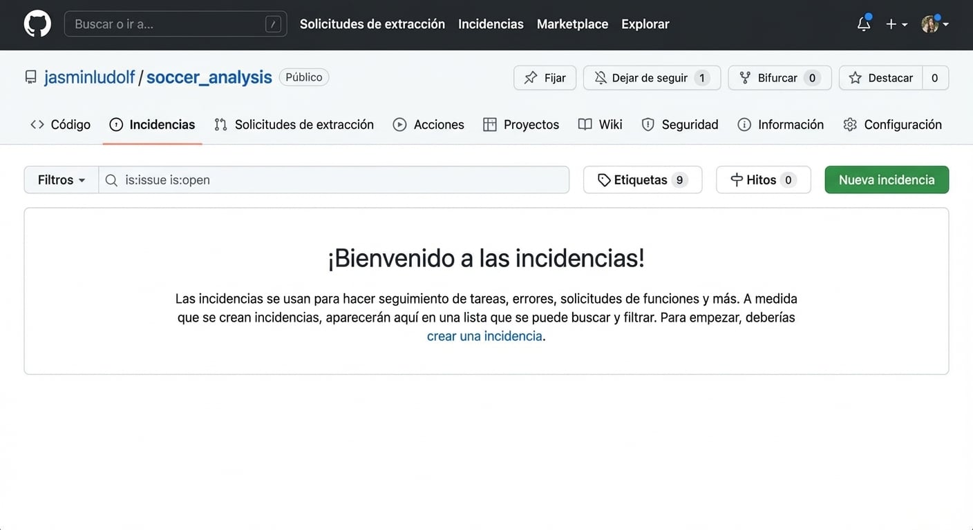 Vista del repo de análisis de fútbol con la pestaña Issues resaltada