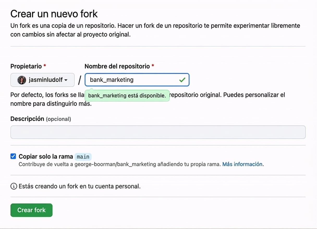 Imagen animada que muestra el nombre del repo bifurcado cambiando de bank marketing a bank marketing jasmin.