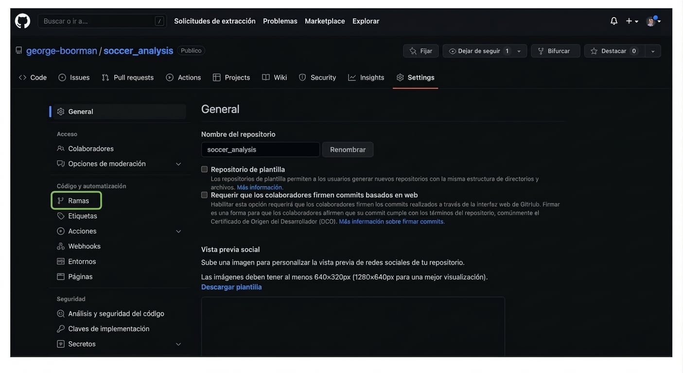 sección Branches de la pestaña Settings