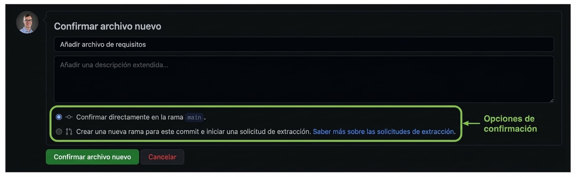 Opciones para guardar el archivo: confirmar en la rama actual o crear una nueva y abrir un pull request