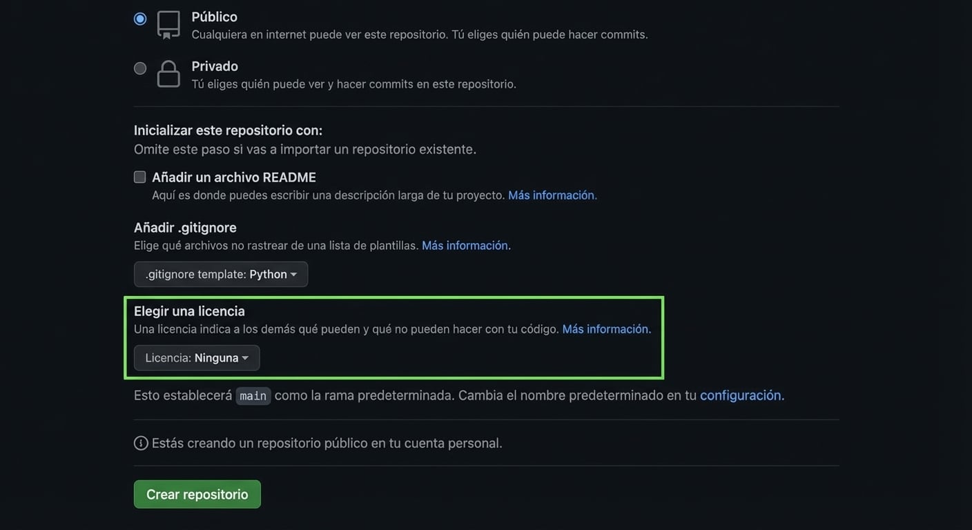 Vista de la página para crear un repositorio nuevo en GitHub con la opción de licencia resaltada