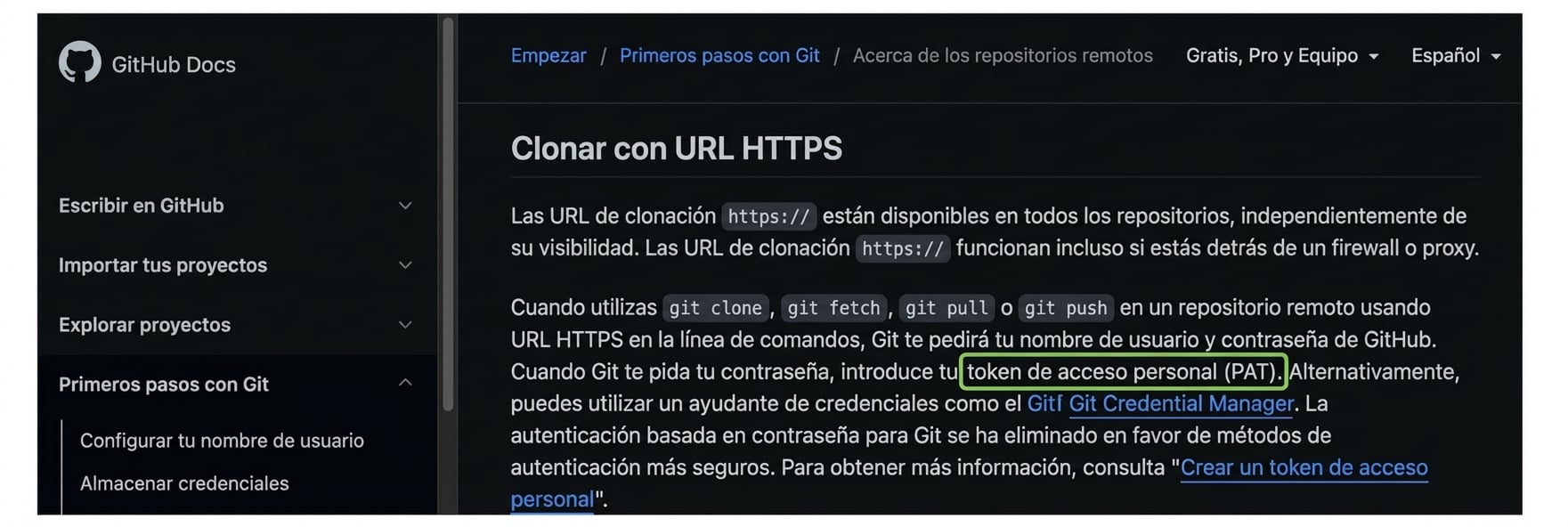 Página de GitHub Docs con instrucciones para proporcionar un token de acceso personal (PAT) al hacer git clone, fetch, pull o push a un repositorio remoto.
