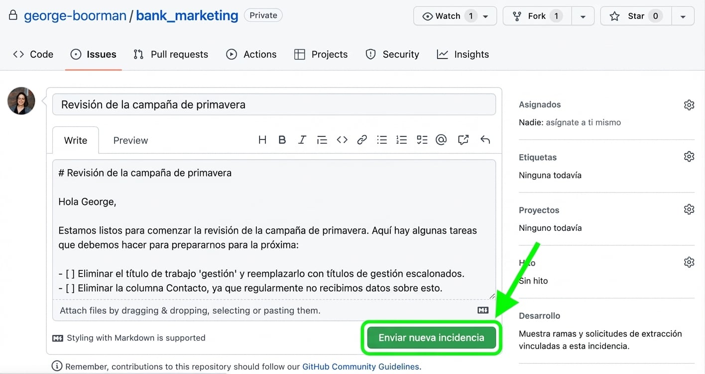 Vista al crear un issue nuevo con título y cuerpo rellenados y el botón “submit new issue” resaltado
