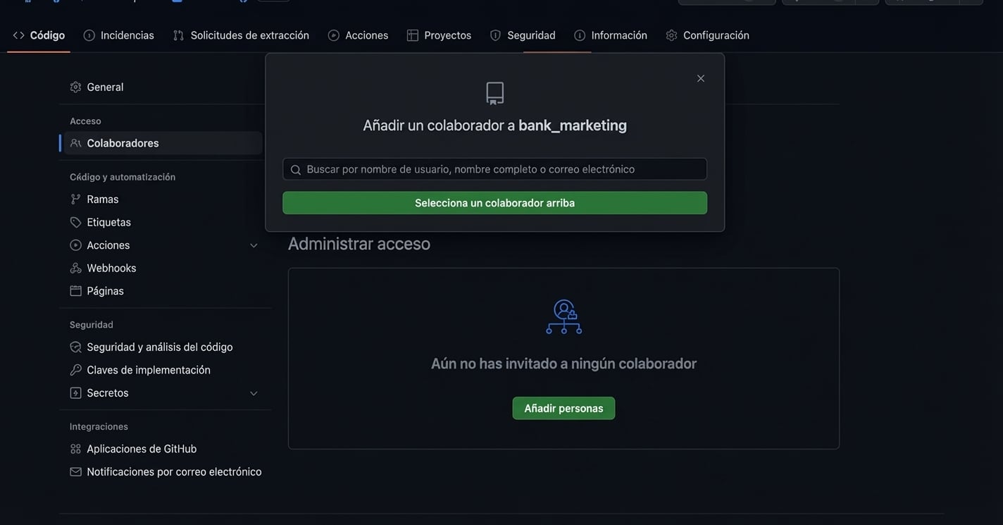 video añadiendo a Jasmin Ludolf como Collaborator en nuestro repo privado