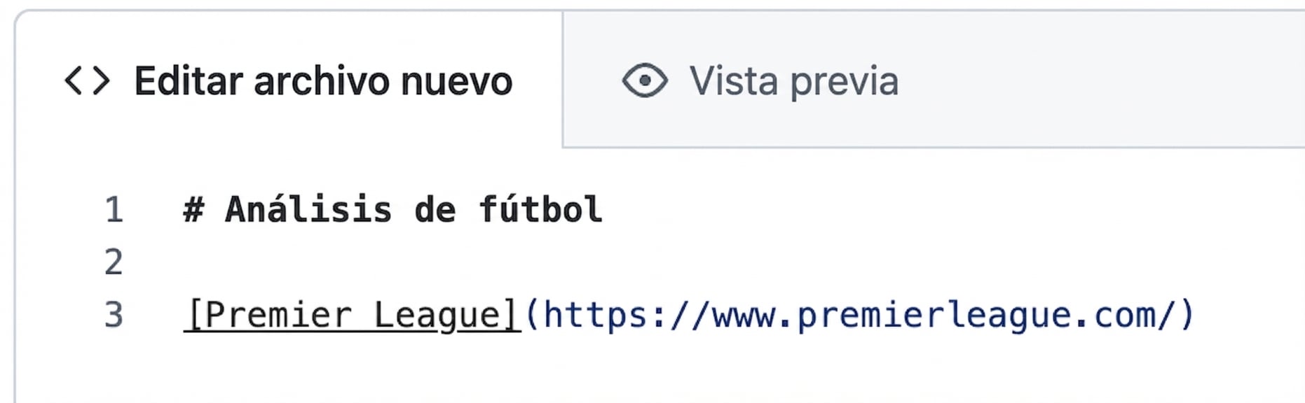 Vista de la página de edición de un archivo Markdown con la sintaxis de un hipervínculo