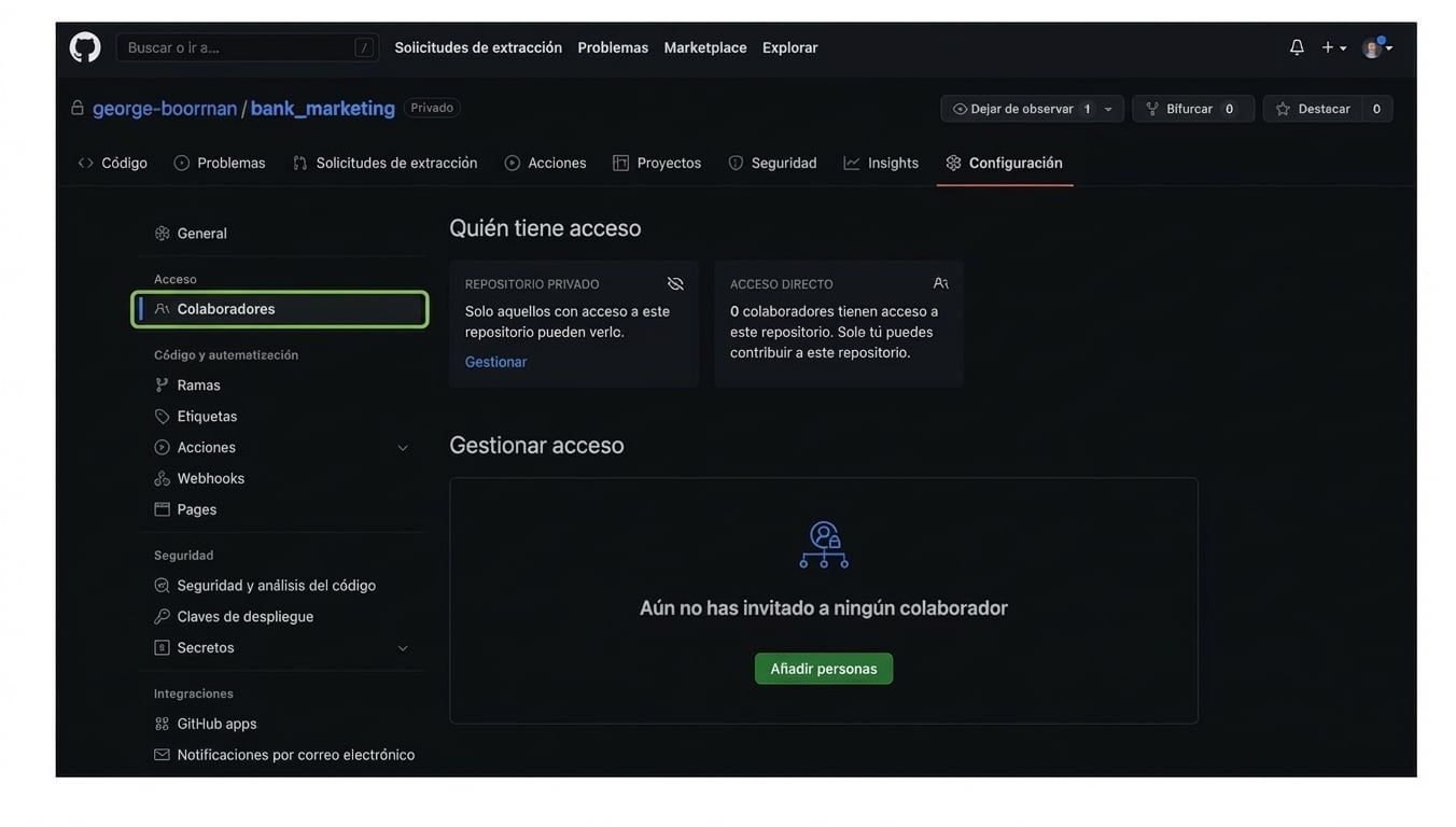 Página Collaborators en Settings mostrando quién tiene acceso