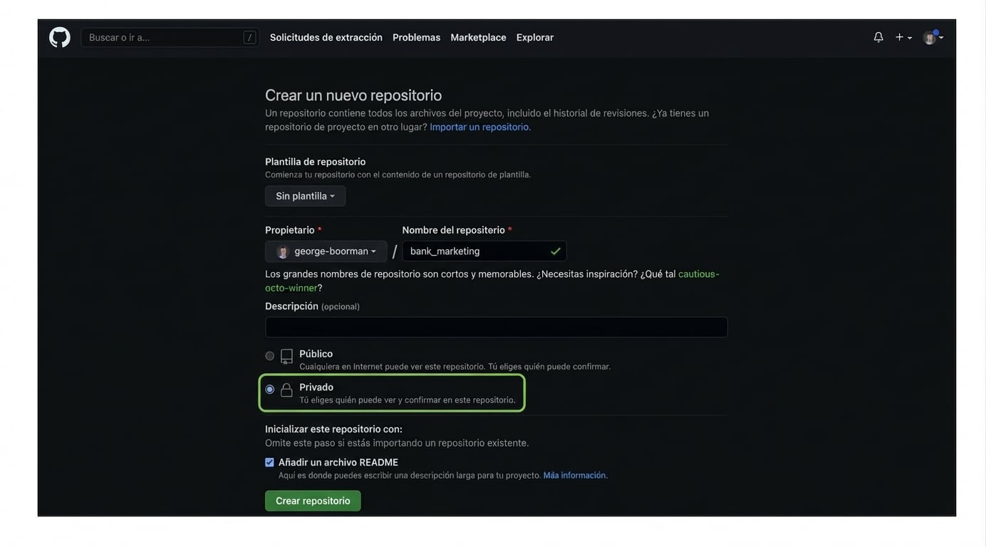 Creación de un repo privado llamado bank marketing