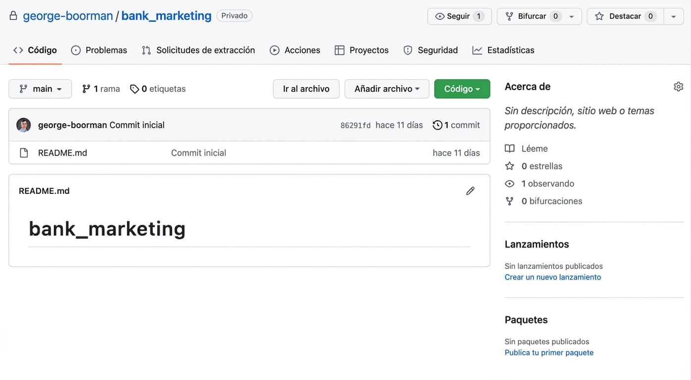 Captura de la vista principal del repo privado “bank marketing” de George Boorman con la pestaña Issues resaltada