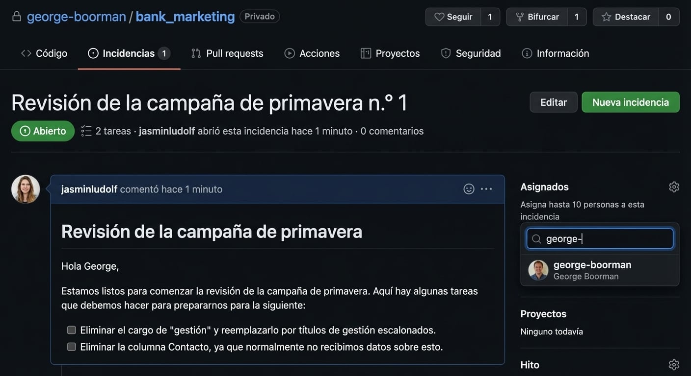 Vista de un issue con la opción de asignación abierta