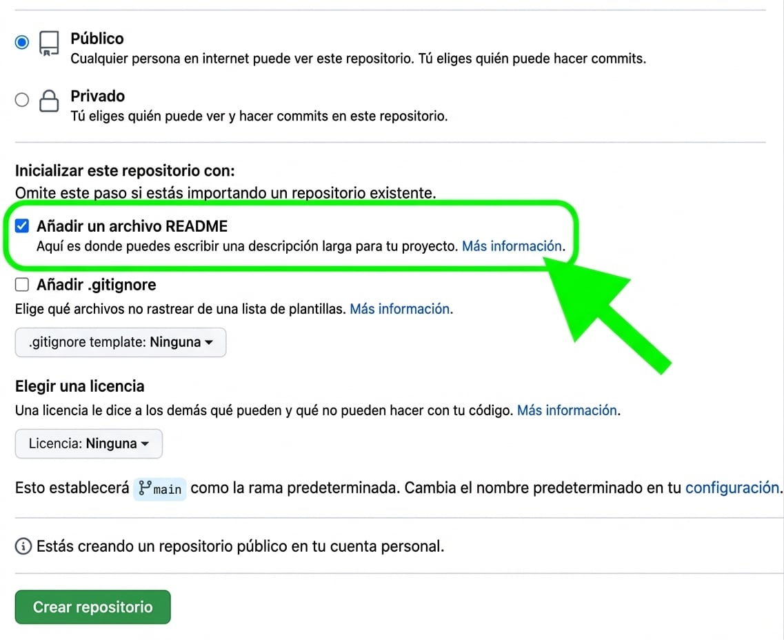 Vista de la página para crear un repositorio nuevo en GitHub con la opción añadir archivo README seleccionada y resaltada