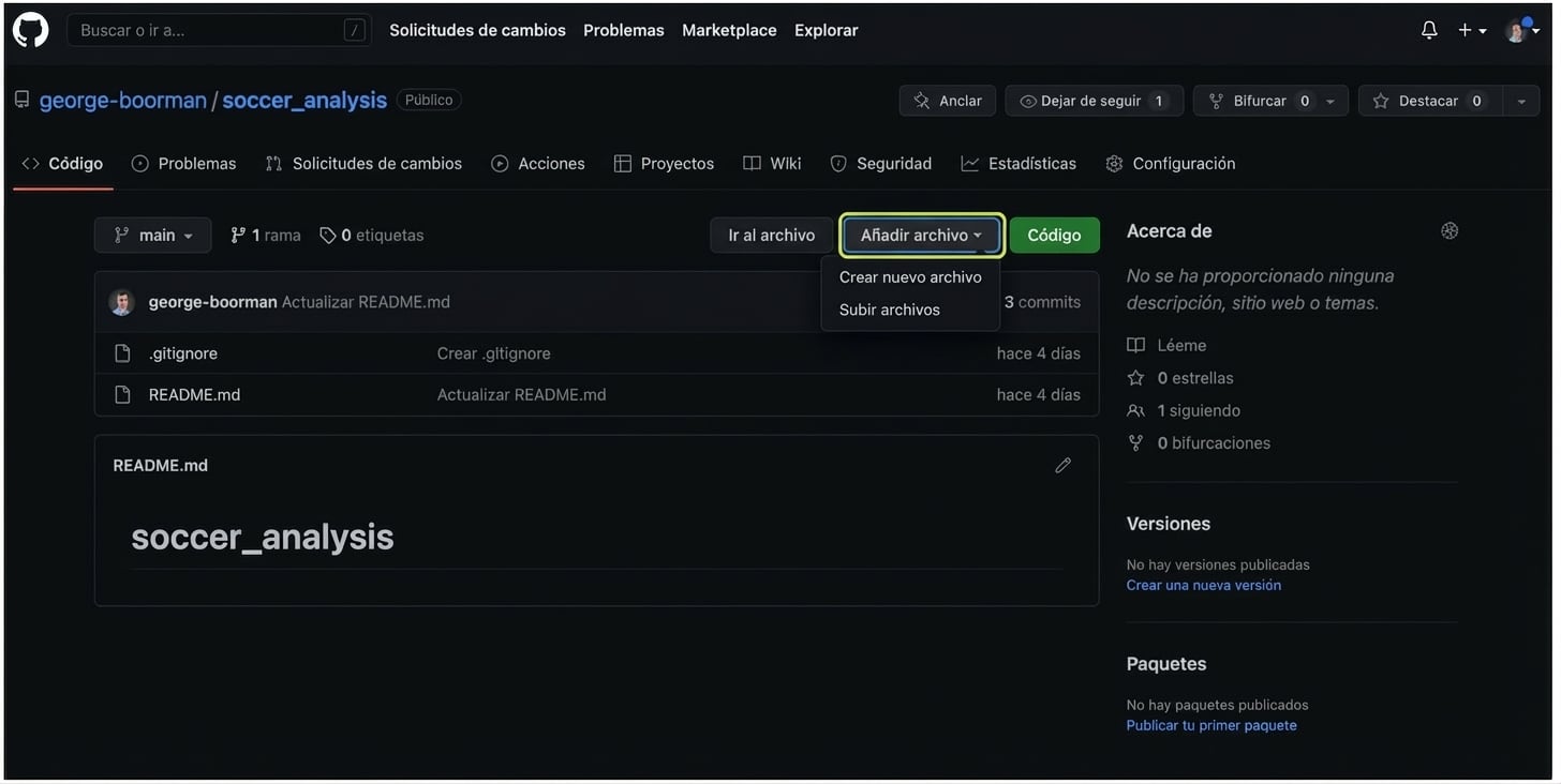 Sección Code de un repositorio de GitHub con el botón Add file resaltado