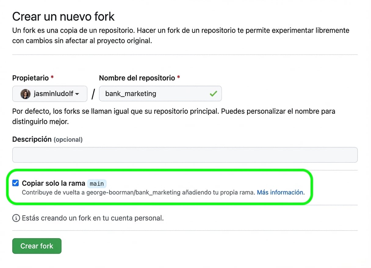 Vista de la página para crear un nuevo fork con la sección Branch resaltada