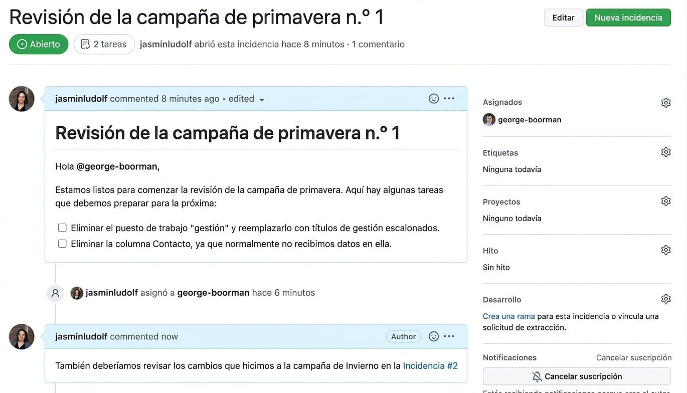 Vista tras enlazar un issue