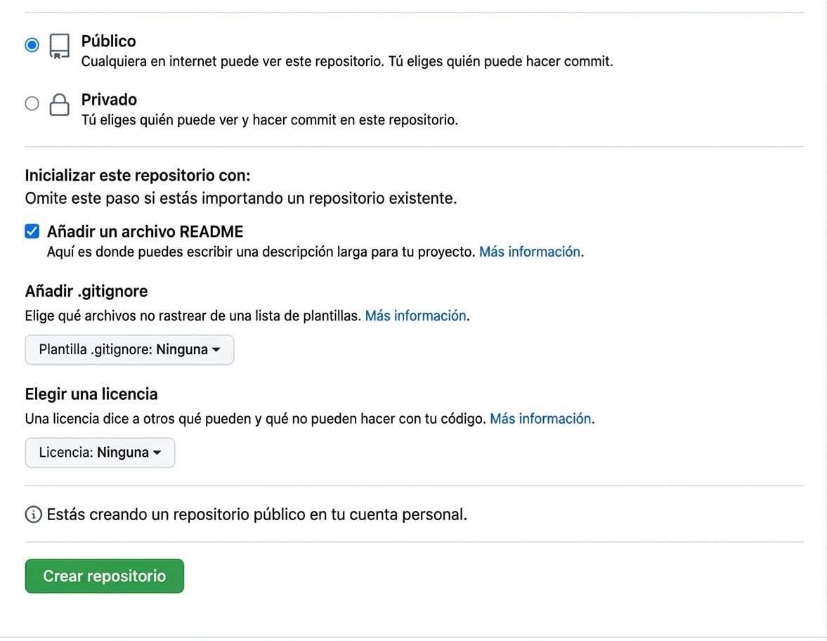Vista de la página para crear un repositorio nuevo en GitHub