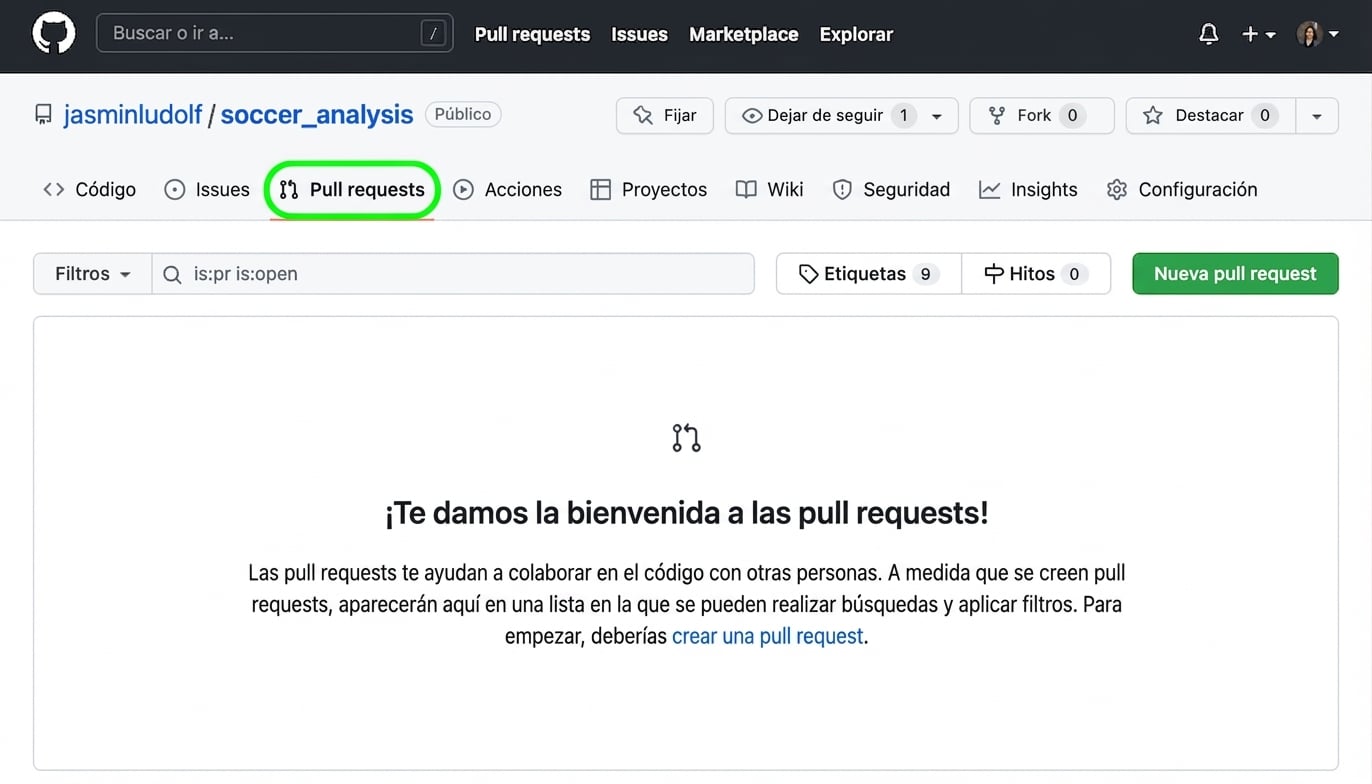 Vista del repo de análisis de fútbol con la pestaña Pull Requests resaltada