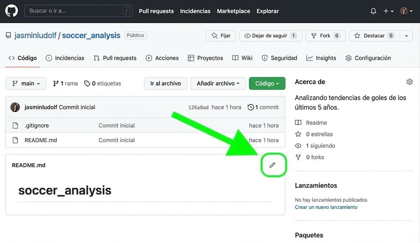 Vista del repositorio de análisis de fútbol con el icono de lápiz para editar el README resaltado