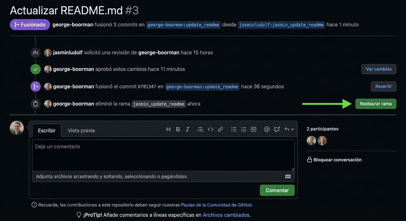 Vista del propietario de un PR fusionado con el botón Restore branch resaltado