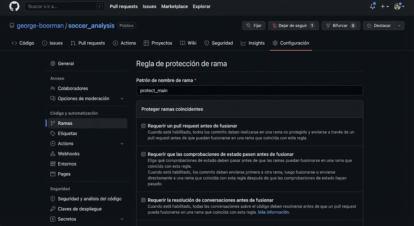Vídeo haciendo clic en Require a pull request before merging