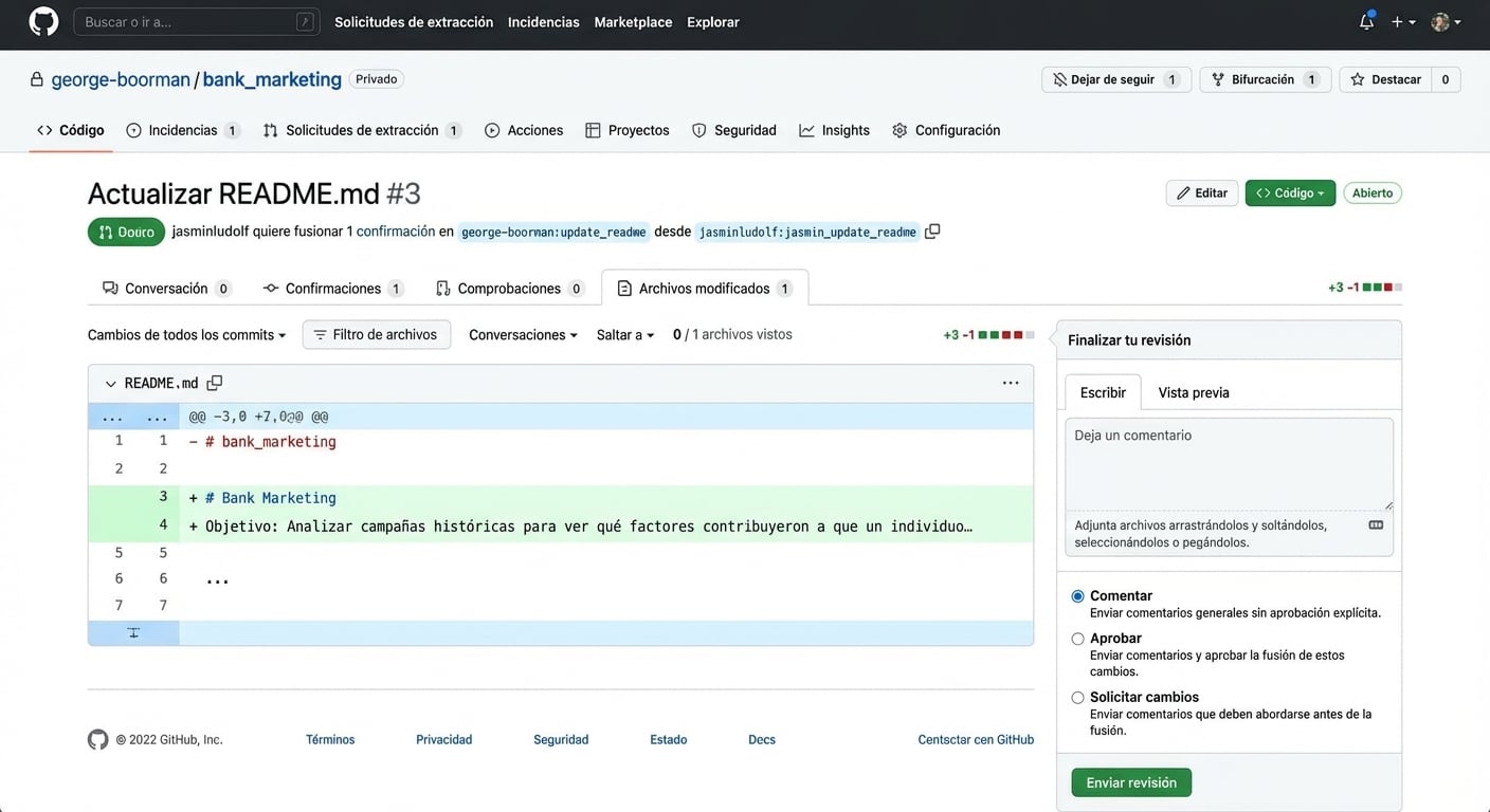 Vista del propietario de Files changed en un PR con el desplegable Review changes visible