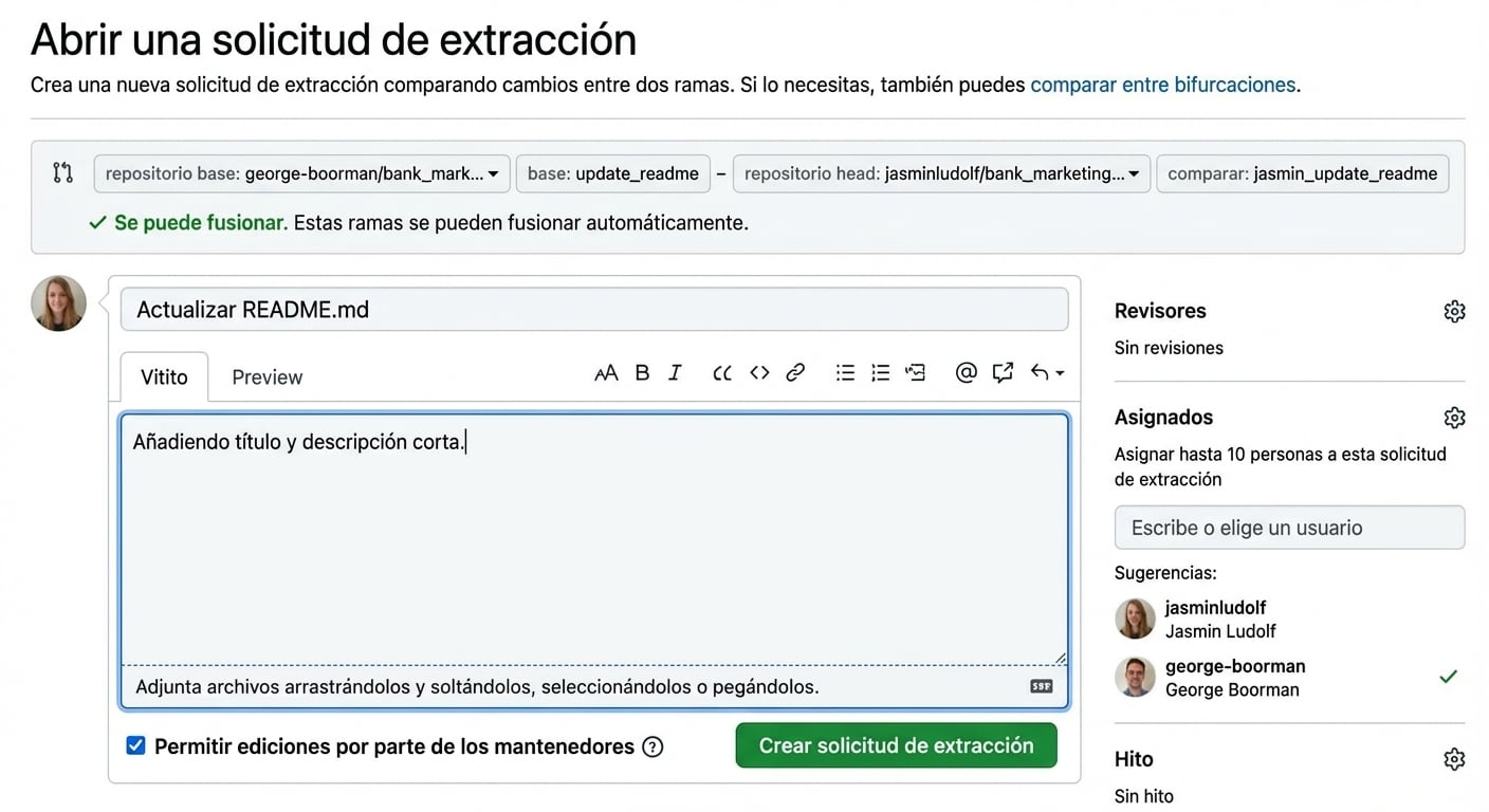 Vista para asignar un pull request