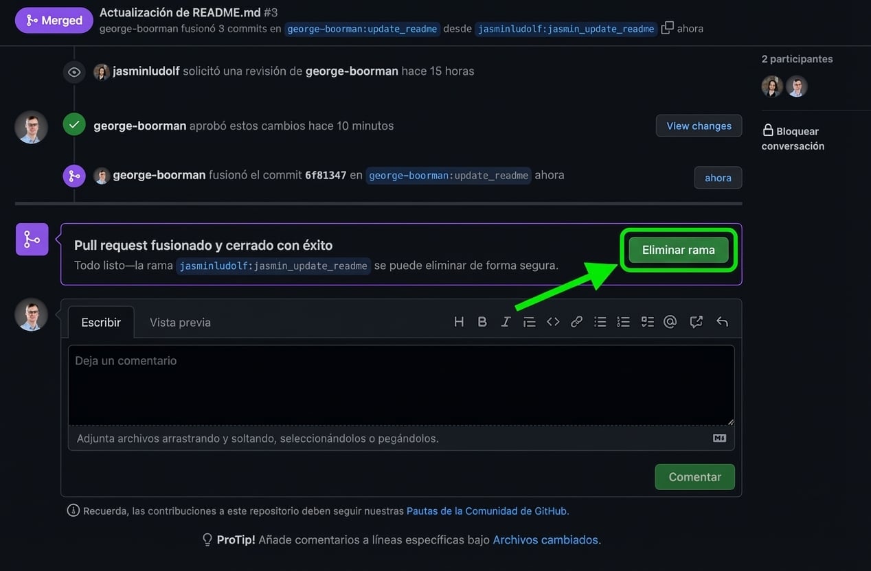 Vista del propietario de un PR fusionado con el botón Delete branch resaltado