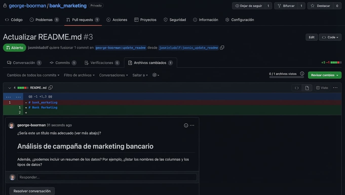 Vista del propietario de Files changed en un PR con caja de comentario para varias líneas