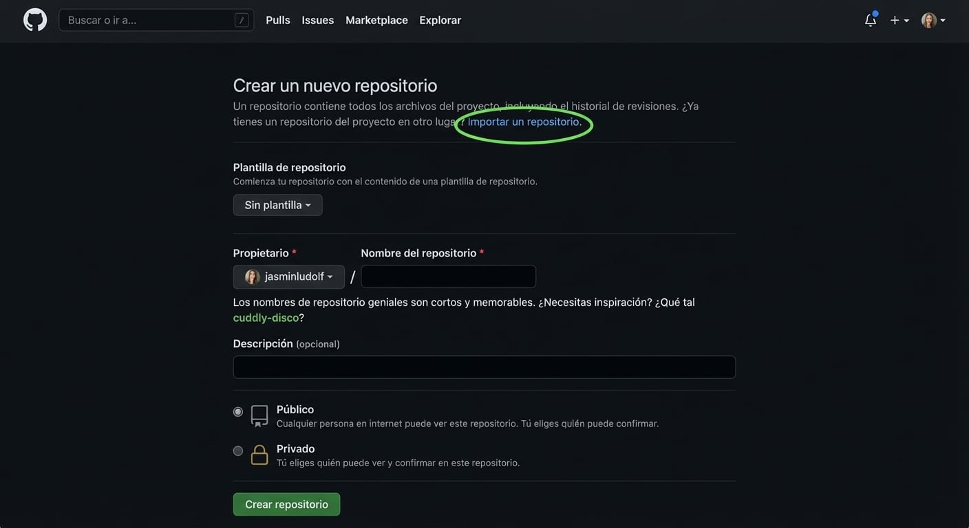 Vista de la página para crear un repositorio nuevo en GitHub con la opción de importar resaltada