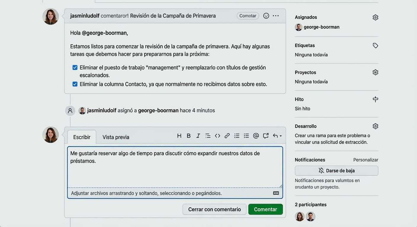 Vista de añadir un comentario a un issue existente