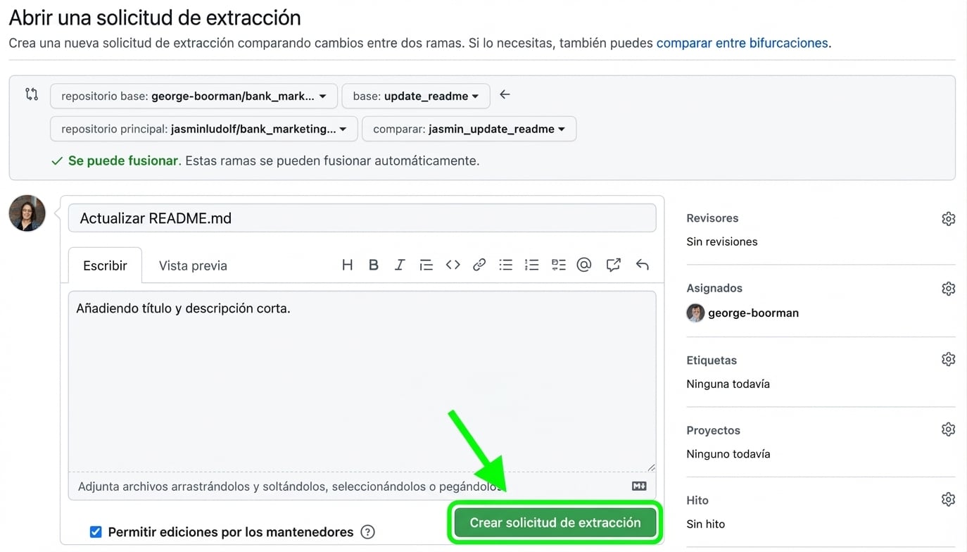 Vista para abrir un pull request con el botón Create pull request destacado