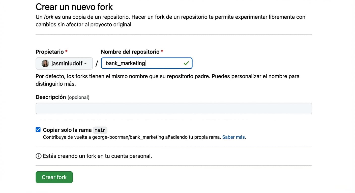 Vista de la página para crear un nuevo fork