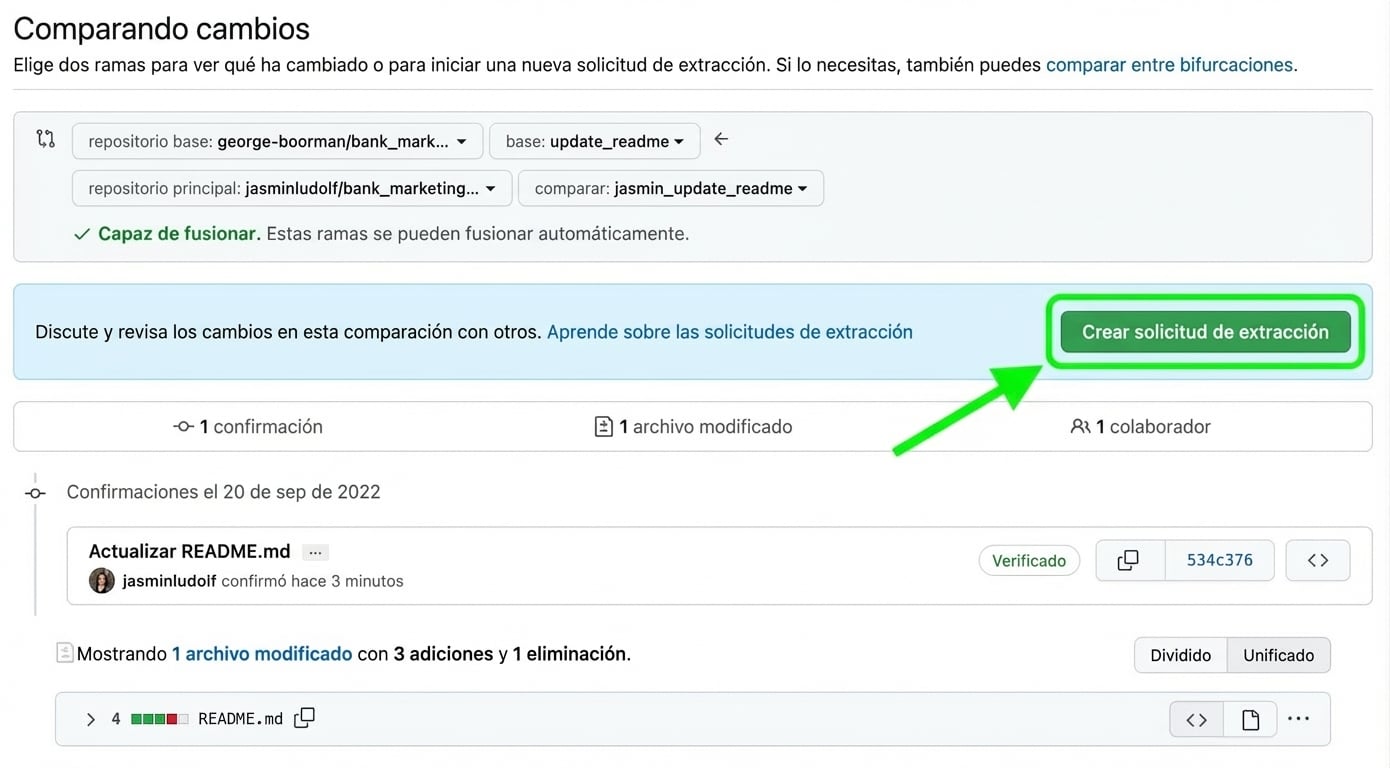 Vista que compara cambios con el botón Create pull request destacado