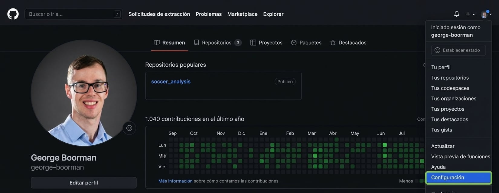 sección de configuración accesible desde el perfil