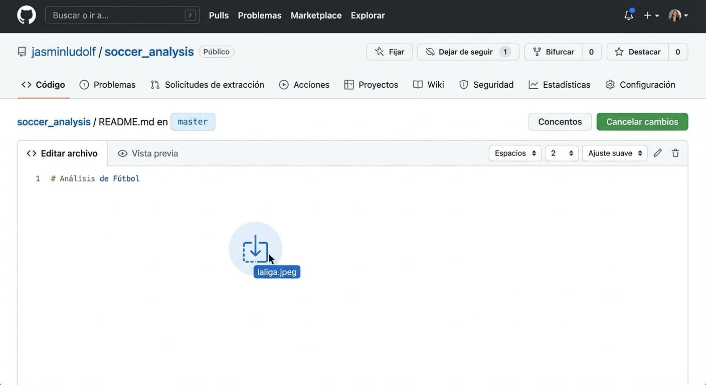 Vista animada arrastrando una imagen al archivo Markdown y GitHub generando la sintaxis automáticamente